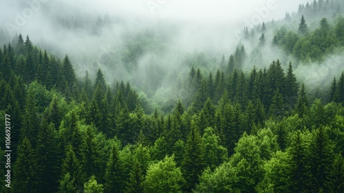 Lush forest landscape with misty atmosphere.