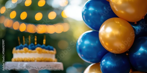 A festive celebration scene featuring a birthday cake and colorful balloons with string lights in the background. photo