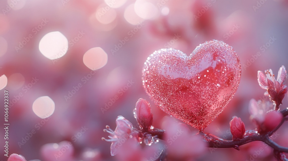 A Delicate Pink Heart-Shaped Ornament Adorned with Dew Drops on a Branch A Delicate Pink Heart-Shaped Ornament Adorned with Dew Drops on a Branch