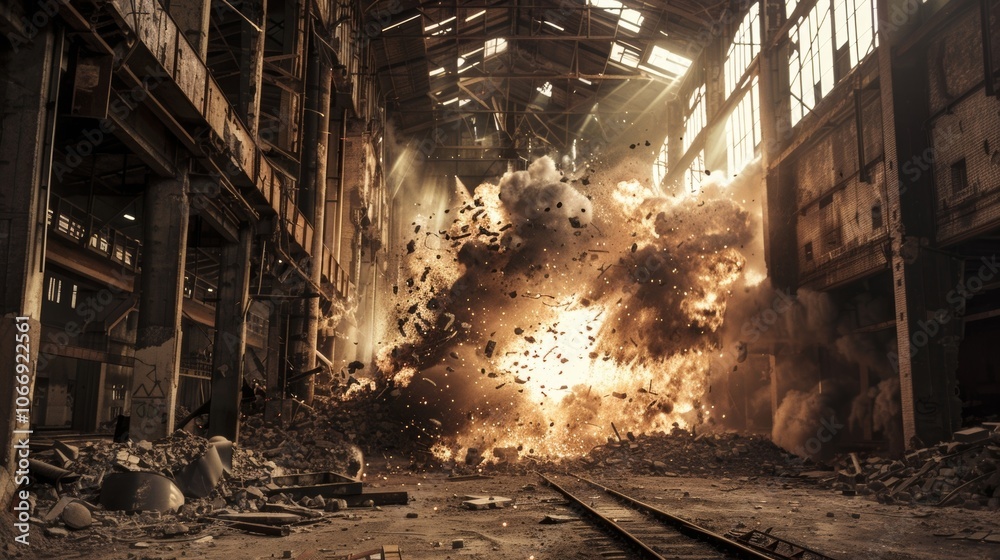 Controlled explosions through the walls of an old factory reducing it to a pile of rubble. Controlled explosions through the walls of an old factory reducing it to a pile of rubble.