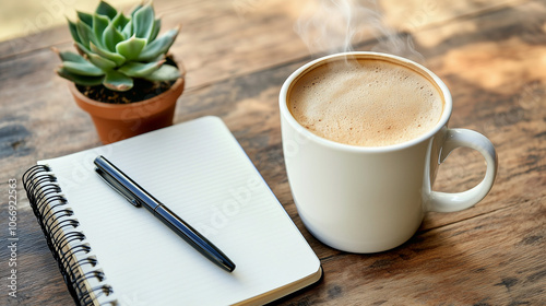 white mug of coffee with steam and open journal with a pen with a small succulent plant photo