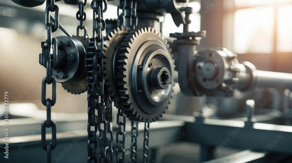 Fototapeta premium Industrial gears and chains in motion, showcasing mechanical components in a factory setting