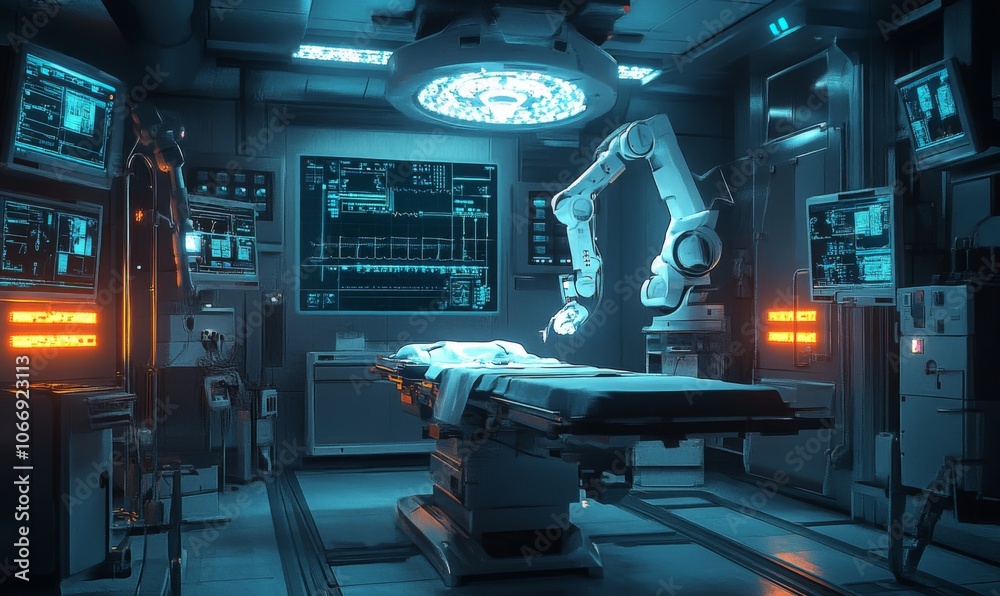 Hospital operating table with robotic arms, futuristic surgery, 3D illustration Hospital operating table with robotic arms, futuristic surgery, 3D illustration