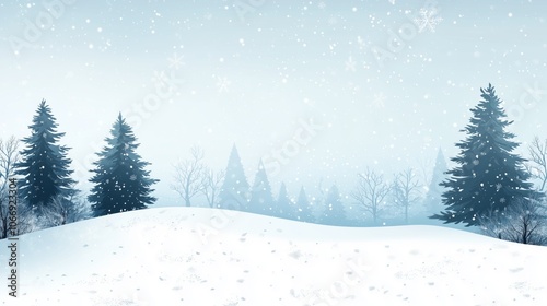 Beautiful winter background of snow and blurred forest in background, Gently falling snow flakes against blue sky, free space for your decoration