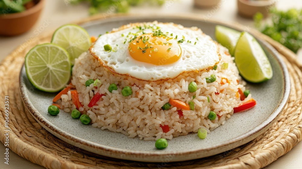 Delicious fried rice with egg and lime garnish