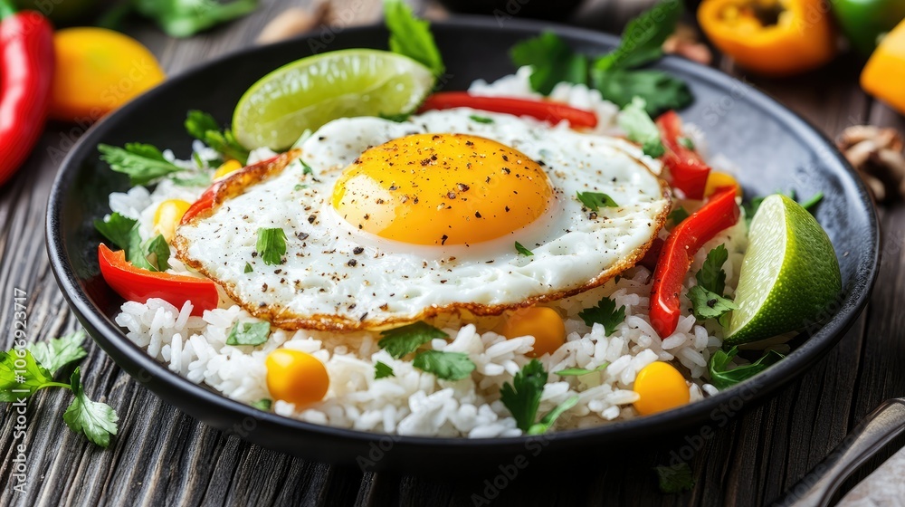 Delicious Fried Egg on Rice with Fresh Vegetables Delicious Fried Egg on Rice with Fresh Vegetables