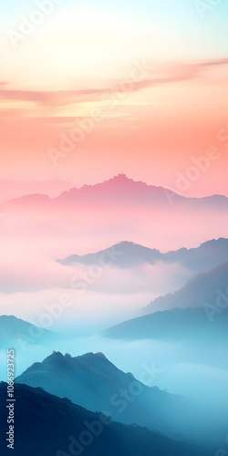 A serene sunrise over misty mountains, showcasing soft pastel hues of orange, pink, and blue. The layers of fog create a tranquil and ethereal atmosphere.