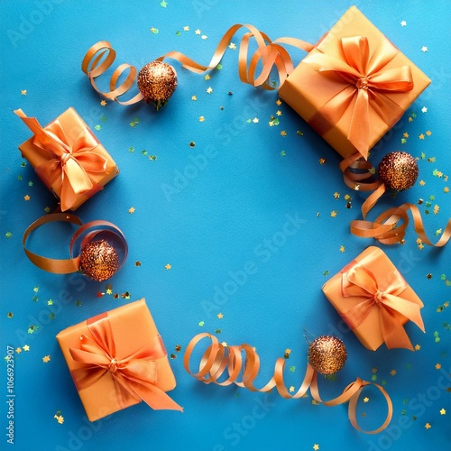 silvester new year s eve birthday party christmas or other celebration greeting card frame border made of orange confetti and gift ribbons isolated on blue table background flat lay top view photo