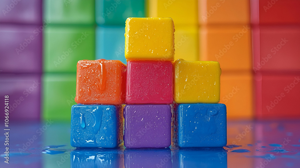 Colorful building blocks arranged in a pyramid shape on a reflective surface against a vibrant rainbow background. Colorful building blocks arranged in a pyramid shape on a reflective surface against a vibrant rainbow background.