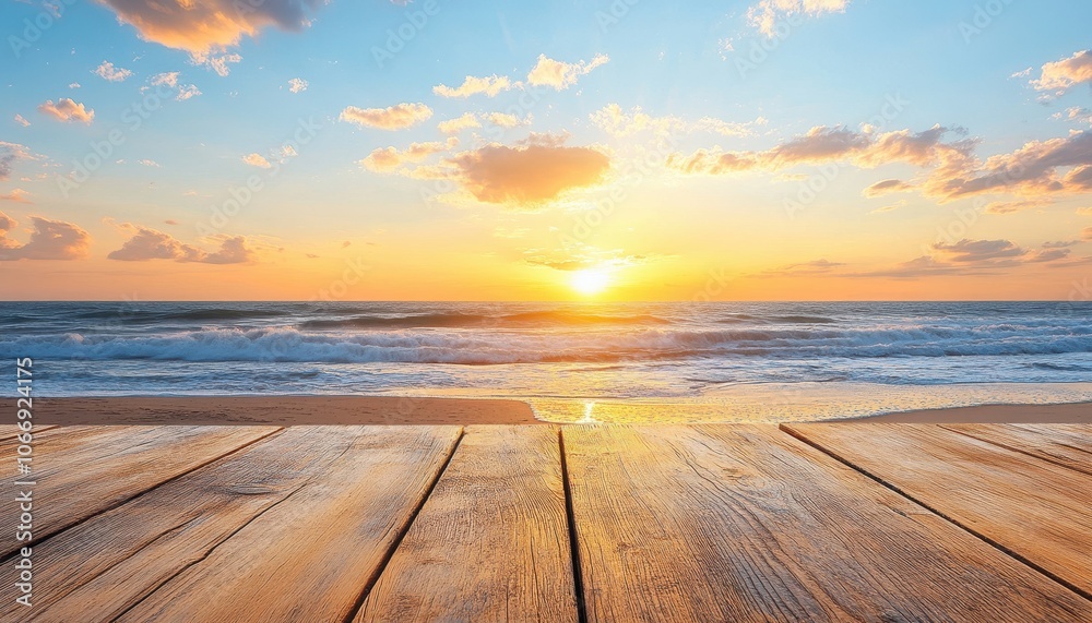 Sunset at a beautiful beach with a wooden table overlooking the tranquil waves Sunset at a beautiful beach with a wooden table overlooking the tranquil waves