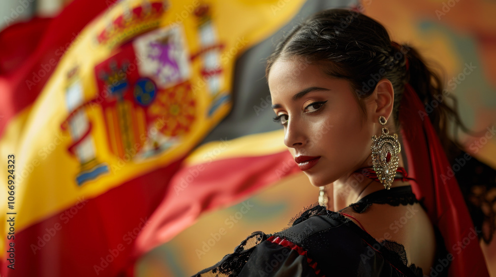Woman in Spanish dress with flag of Spain in the background Woman in Spanish dress with flag of Spain in the background
