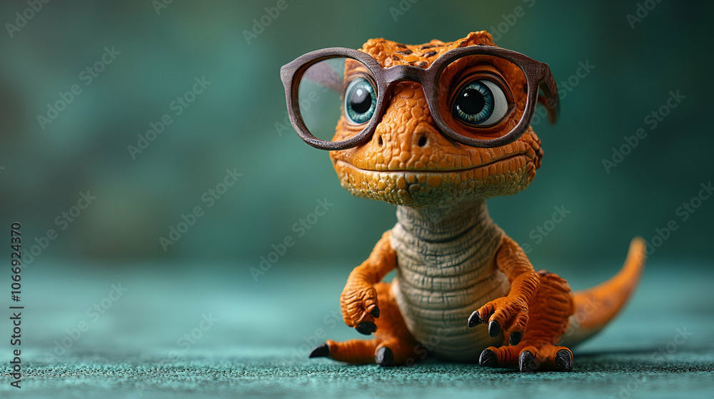 Fototapeta premium A cute, orange dinosaur with glasses sits on a textured surface, exuding a whimsical charm in a vibrant, blurred background.