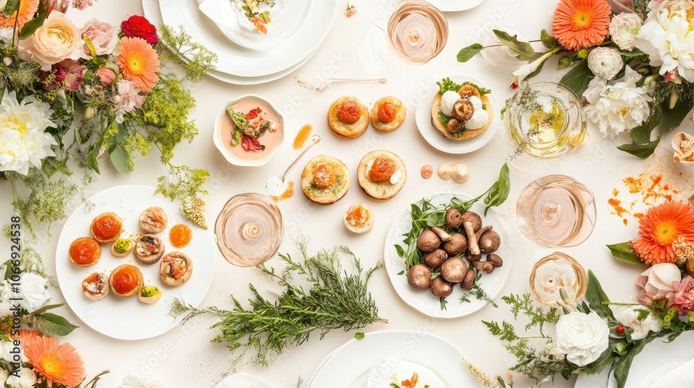 Elegant Table Setting with Gourmet Dishes and Flowers Elegant Table Setting with Gourmet Dishes and Flowers