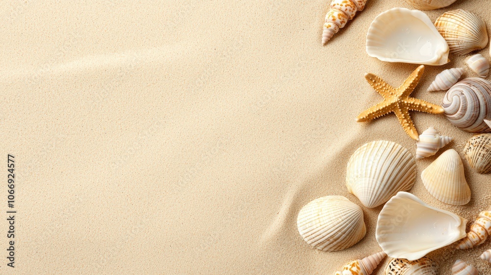 Beautiful assorted shells and starfish on sandy beach, perfect for summer themes and coastal decorations. Beautiful assorted shells and starfish on sandy beach, perfect for summer themes and coastal decorations.
