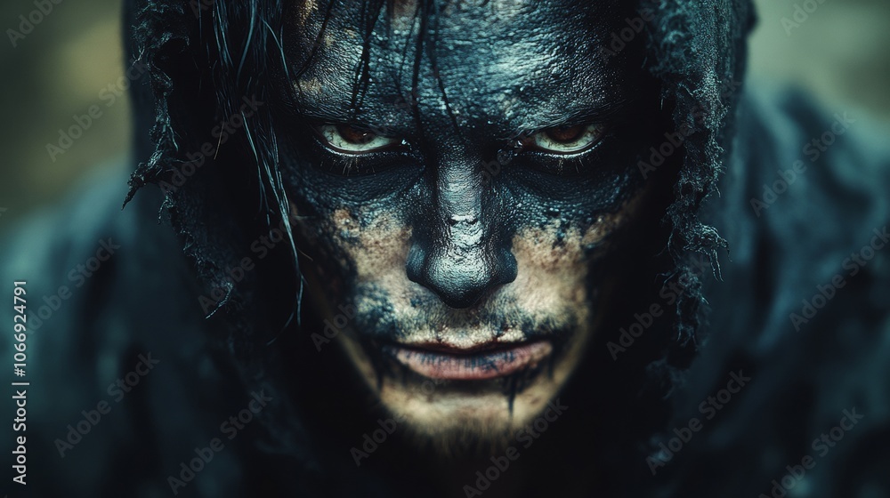 Scary man wearing black hood and makeup staring intensely Scary man wearing black hood and makeup staring intensely