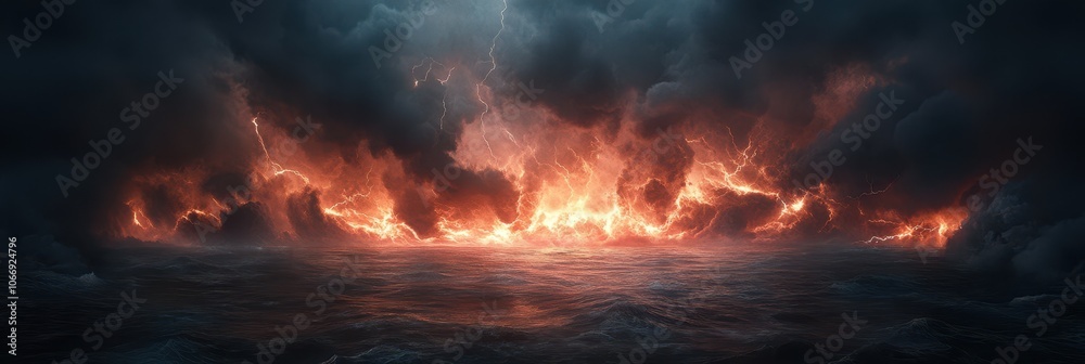 A fiery storm rages over a dark, choppy sea, illuminating the sky with flashes of orange and red