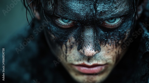 Warrior showing intense gaze with black war paint on face