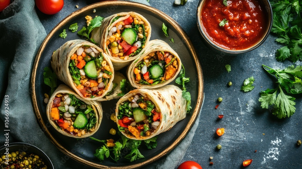 Colorful Wraps with Fresh Vegetables and Dipping Sauce Colorful Wraps with Fresh Vegetables and Dipping Sauce