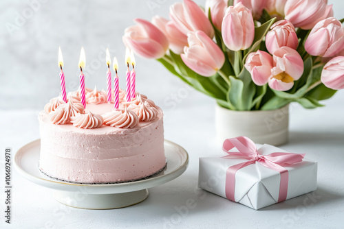 A small, elegant pink cake with lit birthday candles, bouquet of pastel pink tulips and a neatly wrapped white gift package with a pink ribbon on a white background