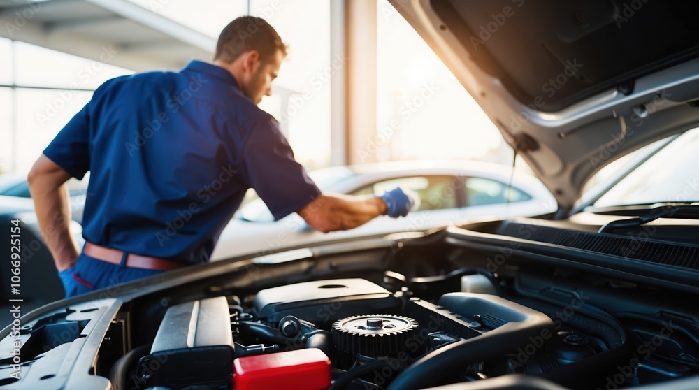 Mechanic inspecting engine under hood in automotive shop, wearing blue uniform Mechanic inspecting engine under hood in automotive shop, wearing blue uniform