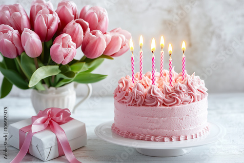 A small, elegant pink cake with lit birthday candles, bouquet of pastel pink tulips and a neatly wrapped white gift package with a pink ribbon on a white background