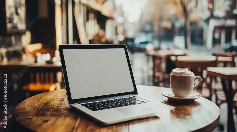 Cozy Workspace with Laptop and Coffee in Cafe Setting Cozy Workspace with Laptop and Coffee in Cafe Setting