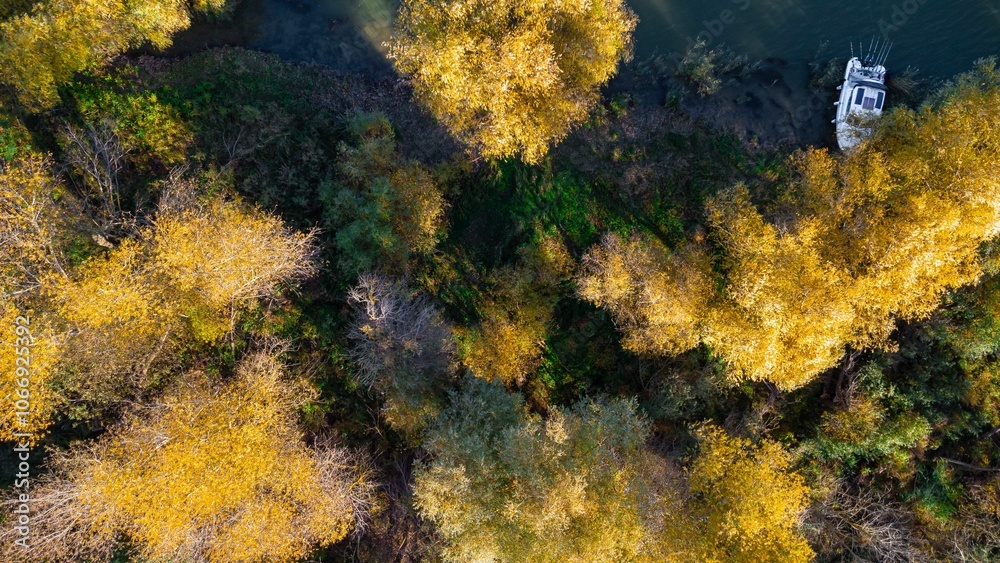 Aerial view of a boat by a river with autumn trees.