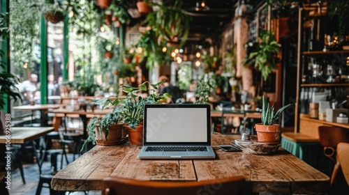 Laptop on Wooden Table in Cozy Plant-filled Cafe