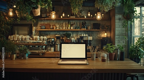 Cozy cafe interior with laptop on wooden counter photo