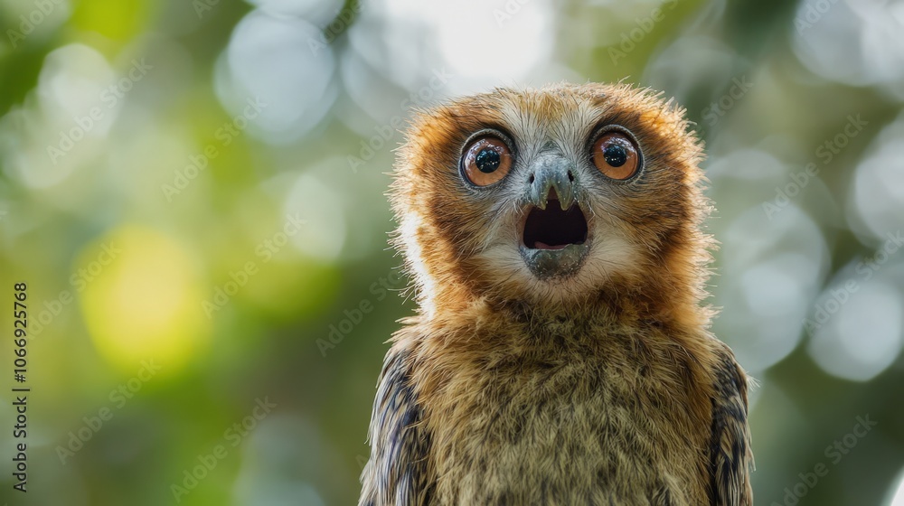 A curious owl with wide eyes and a surprised expression sits among vibrant green foliage, illuminated by warm afternoon light, capturing a moment of natural wonder A curious owl with wide eyes and a surprised expression sits among vibrant green foliage, illuminated by warm afternoon light, capturing a moment of natural wonder