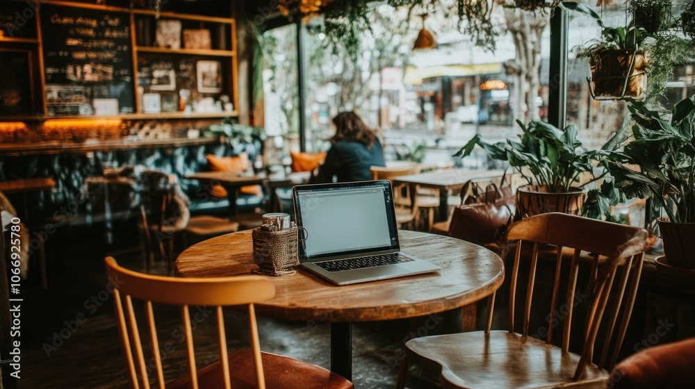 Cozy Café Workspace with Laptop and Plants Cozy Café Workspace with Laptop and Plants