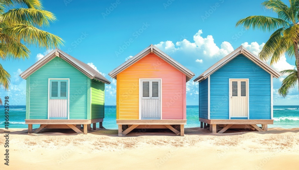 Colorful wooden beach houses along a sunny tropical shore with palm trees Colorful wooden beach houses along a sunny tropical shore with palm trees