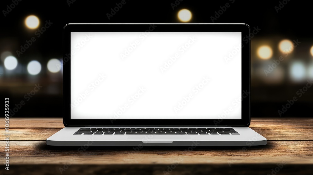 Blank Laptop Screen on Wooden Table at Night