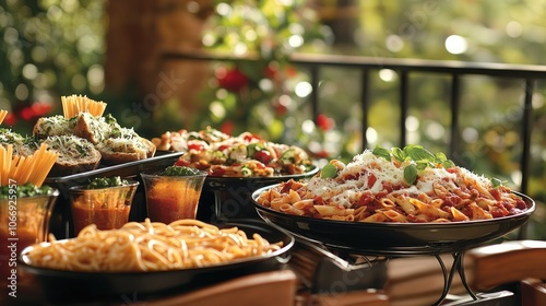 Colorful Italian Feast with Various Pasta Dishes