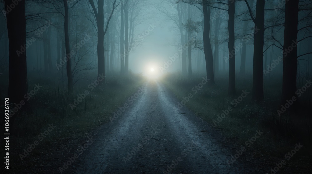 Naklejka premium Mysterious foggy forest road illuminated by distant light, surrounded by tall trees