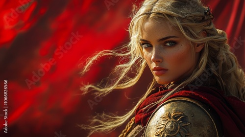 Medieval warrior queen wearing golden armor and flowing red dress with blond hair blowing in wind photo