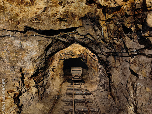 Old underground mine tunnel, mining cart and tracks. Rocky, narrow mine passage