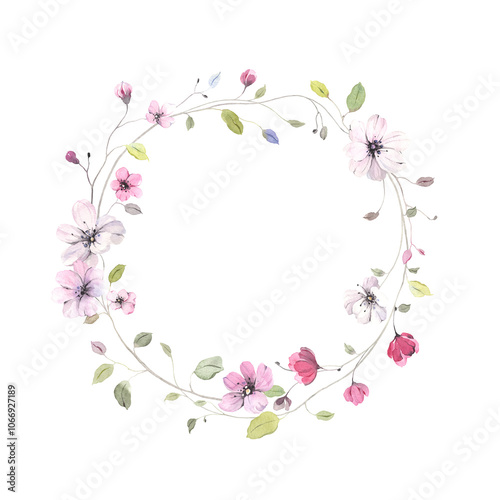 Spring floral frame with abstract decorative branches with delicate flowers and leaves. Watercolor isolated wreath with design elements for poster, banner, invitation or greeting cards.