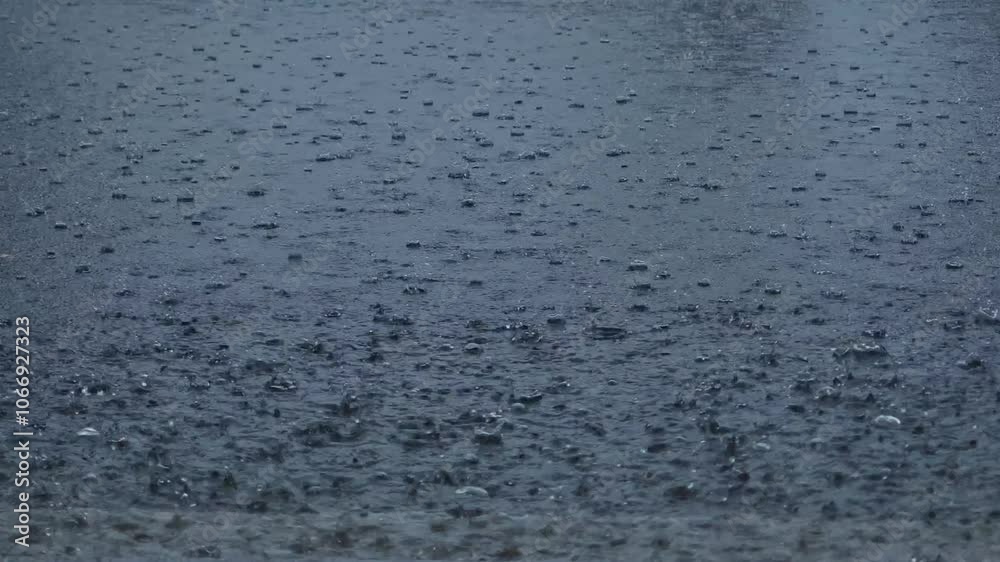 Rainwater falls onto the cement floor. Rainwater inundates roads