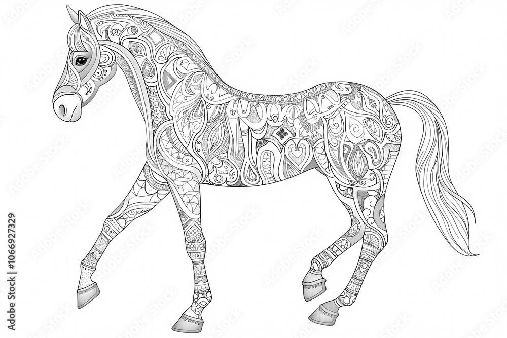 A beautifully detailed line art of a horse featuring intricate patterns and designs, perfect for coloring enthusiasts. A beautifully detailed line art of a horse featuring intricate patterns and designs, perfect for coloring enthusiasts.