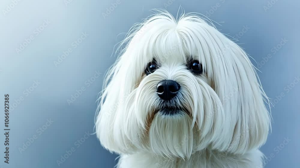 A white, fluffy dog with black eyes looks directly at the camera A white, fluffy dog with black eyes looks directly at the camera