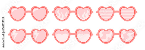 Sunglasses pink, retro, groove, icon set, vector stickers. Fashion glasses, glamour spectacles, crazy party eyewear, sunglasses with pattern, In heart shape; lightning, waves, strokes. Web design 
