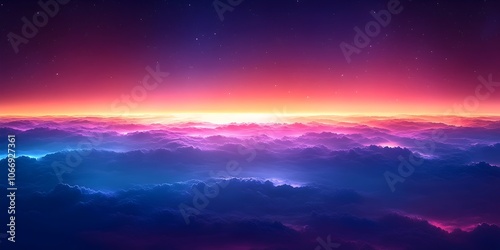 A breathtaking view of the horizon above a sea of colorful clouds, showcasing vibrant hues of purple, pink, and blue, creating a serene and dreamlike atmosphere.