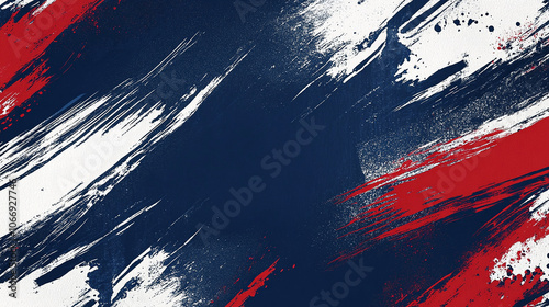 A bold abstract design featuring red, white, and navy blue brush strokes, creating a dynamic and vibrant background with a textured artistic feel.