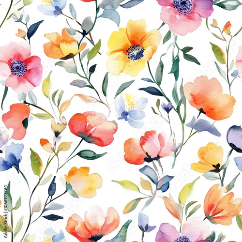 Watercolor floral seamless pattern print hand painting with abstract flowers and plants, design texture. Tileable Seamless pattern watercolor floral pattern for textile, stationery, wedding deisgn