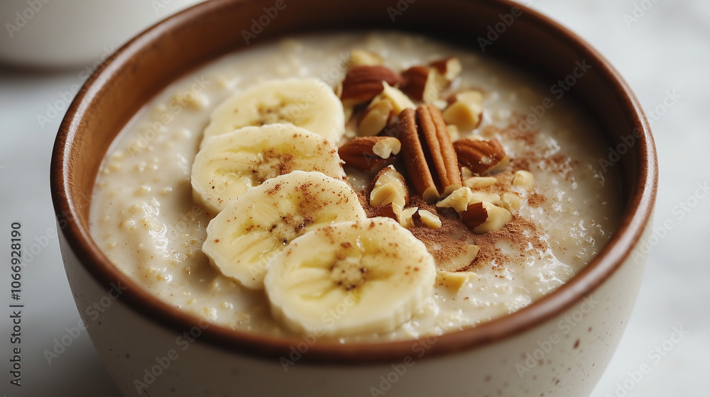 Amaranth porridge topped with banana slices, served in a rustic bowl, highlighting its creamy texture, natural sweetness, and nutritious ingredients for a wholesome breakfast Amaranth porridge topped with banana slices, served in a rustic bowl, highlighting its creamy texture, natural sweetness, and nutritious ingredients for a wholesome breakfast