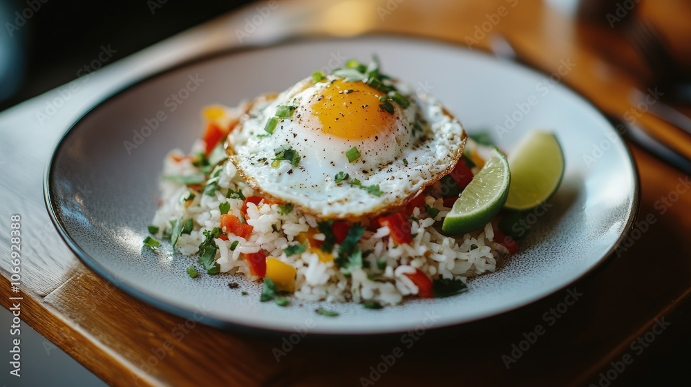 Delicious Rice Bowl with Egg and Fresh Lime Wedges Delicious Rice Bowl with Egg and Fresh Lime Wedges