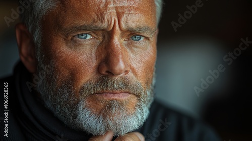 Portrait of a pensive mature man with grey hair and beard