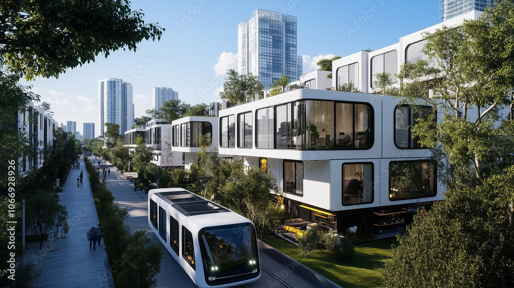 Obraz premium Urban installation scene showing multiple modular units with sustainable features being placed into a modern high-rise apartment.