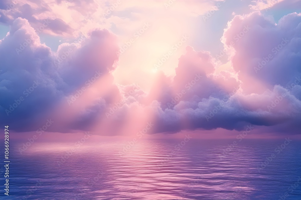 A stunning landscape of pink and purple clouds above a tranquil ocean, with soft sunlight rays illuminating the serene waters, creating a peaceful and dreamy atmosphere. A stunning landscape of pink and purple clouds above a tranquil ocean, with soft sunlight rays illuminating the serene waters, creating a peaceful and dreamy atmosphere.
